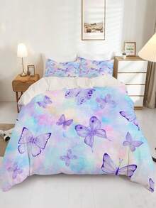 3入組紫色蝴蝶絨布無芯羽絨被套套裝（1 * 羽絨被套 + 2 * 枕套）,藍紫色水彩蝴蝶床上四件套,適用於女孩和青少年寢具裝飾 - 彩色 - 查看 3