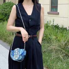 復古鱷魚新月形鞍包,金屬光澤宴會鑽石手提斜背包,派對夜晚必備 - 藍色 - 查看 9