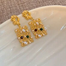 1 對銅鑲嵌人造珍珠誇張枝葉設計耳環適合女士日常佩戴 - 彩色 - 查看 3