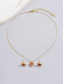 經典鈦鋼項鍊和耳釘套裝,白色人工珍珠心形吊墜,18k鍍金,是女性節日禮物的理想選擇 - 金色 - 查看 8