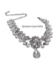 1pc Pearl Necklace For Women, High-End Rhinestone Decoration, Suitable For Wedding, Prom Or Other Formal Occasions - Silver - View 2