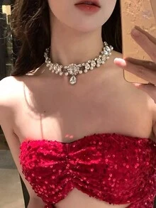 1pc Pearl Necklace For Women, High-End Rhinestone Decoration, Suitable For Wedding, Prom Or Other Formal Occasions - Silver - View 8