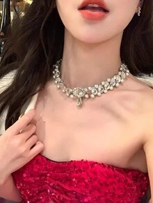 1pc Pearl Necklace For Women, High-End Rhinestone Decoration, Suitable For Wedding, Prom Or Other Formal Occasions - Silver - View 6