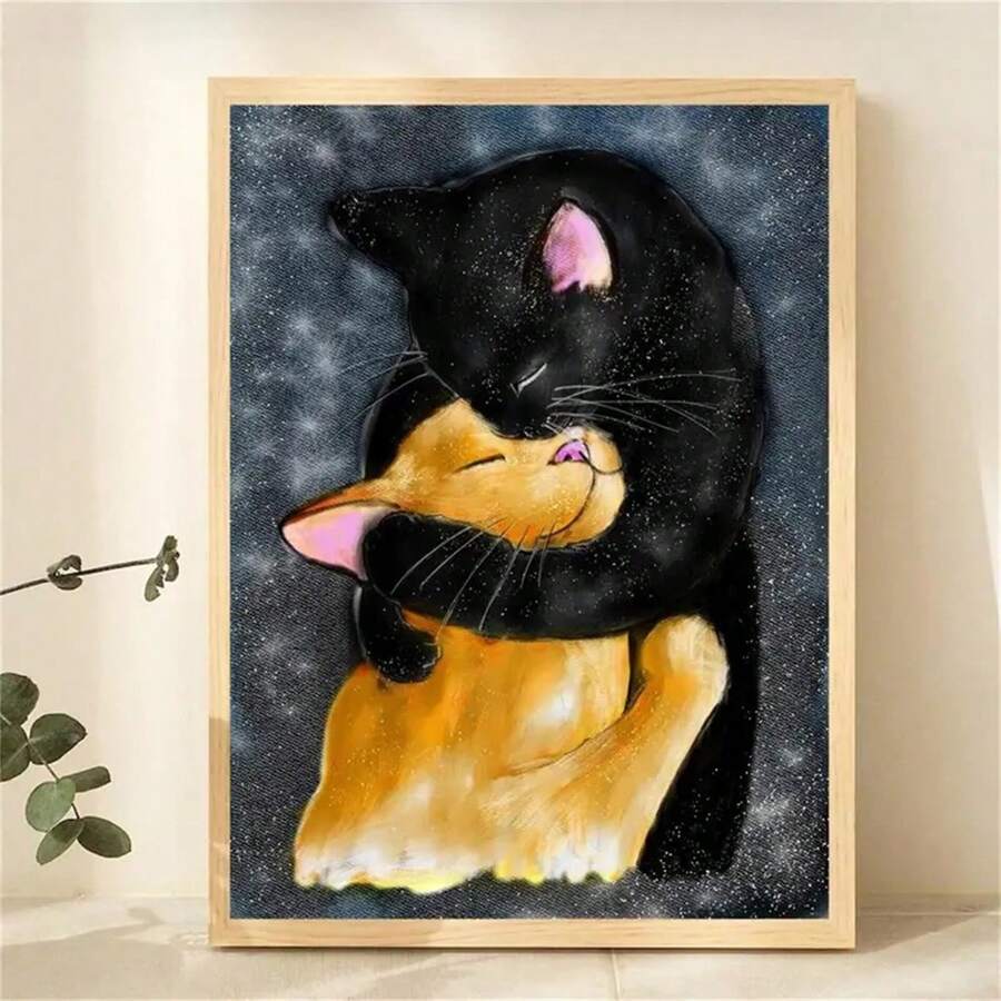 1入組壁畫帆布畫《抱抱貓》,黑色和橙色貓,貓藝術印花,兩隻貓的裝飾,貓的愛,貓主人禮物印刷畫不帶相框 - 黑色 - 查看 1