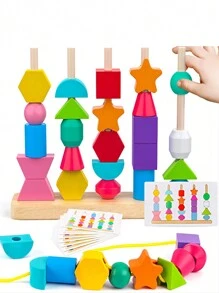 Christmas Decoration Montessori Toys For Kids, 5 Sets Of Column Bead Toys, Color Cards Matching Game, Educational Beads, Shape Building Blocks For Toddlers School, Student,Stationery,School Supplies
