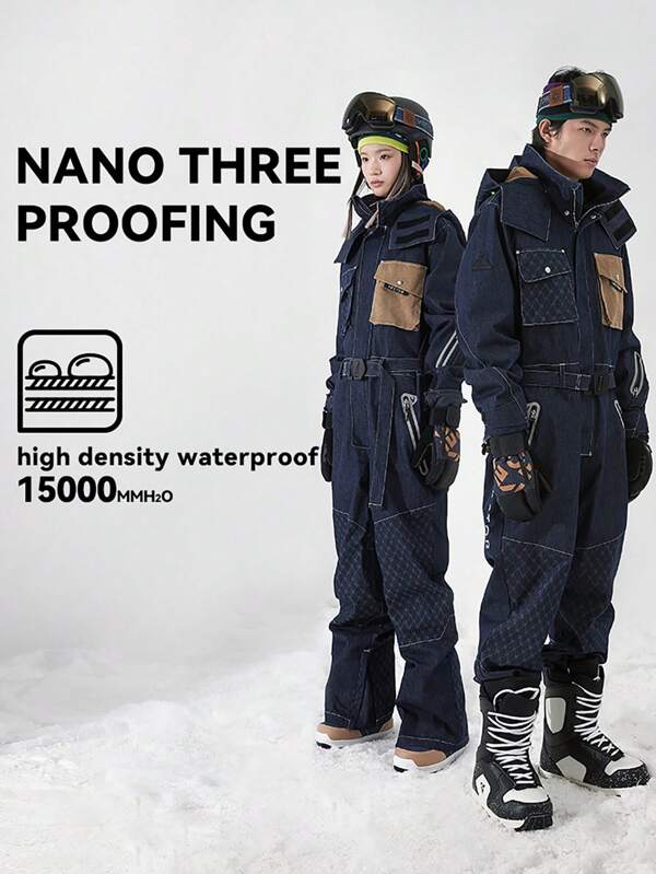 Denim Ski Jumpsuit For Men And Women With Nano-Level Waterproof, Windproof And Stain-Resistant, With Elasticity, Wear-Resistance And Breathability, Thickened For Warmth In Cold, Suitable For Outdoor Skiing