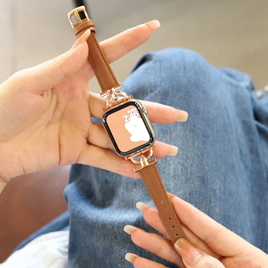 1條女士棕色皮革錶帶,帶有時尚魅力,適用於 38/40/41/42144/45/49mm Applewatch Ultra/se/8/7/6/5/4/3/2/1,生日情人節/女友禮物 - 棕色 - 查看 1