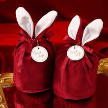 2pcs Rabbit Ear Velvet Candy Bag, Gift Package Bag - Burgundy - View 1