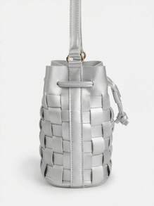 New Soft Pu Leather Woven Mini Drawstring Bucket Bag Crossbody Bag Y2k Millennium Girl Style Women's Bag - Silver - View 5
