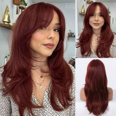 惊艳酒红色长层次发 24 英寸带帘式刘海合成假发，适合女性日常使用派对度假自然性感浪漫优雅简约休闲万圣节圣诞节角色扮演耐热假发