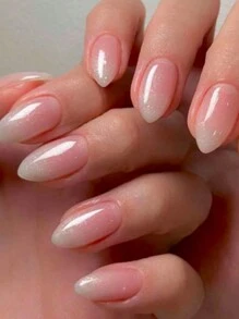 24pcs Short Almond Shaped Minimalist Sexy Wind Pink & White Ombre Glitter False Nails With 1pc Buffing Strip & 1pc Jelly Gel Press On Nails Supplies - Multicolor - View 2