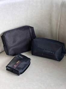 1pc/Small Set Fashionable Mesh Cosmetic Bag, Blue Breathable Storage Bag, Coin Purse, Wash Bag - Black - View 1