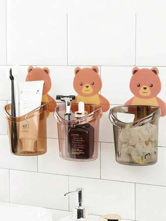 1pc/3pcs/6pcs Bathroom Toothbrush Holder, Cartoon Bear Design No-Drill Toothbrush Cup Organizer, Self-Adhesive Plastic Rinse Cup Home Bathroom Decor Back To School