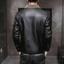 Chaqueta de piel para hombre con pelo (forro de felpa) - Chaqueta de estilo motero - Chaqueta - Chaqueta con cuello alto y cremallera completa - Chaqueta impermeable para hombre - Negro - Ver 2