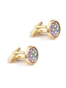 New Arrival Round Shape Cubic Zirconia Inlaid French Cufflinks, Gold-Tone Metal Cufflinks - Yellow Gold - View 3