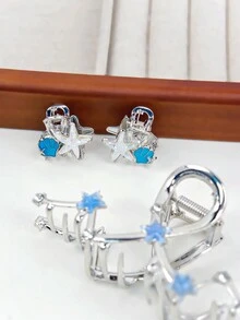 3入組藍色魚尾造型金屬髮夾，包含小號和大號海星髮夾、髮卡，適用於髮髻的髮飾配件 - 彩色 - 查看 5