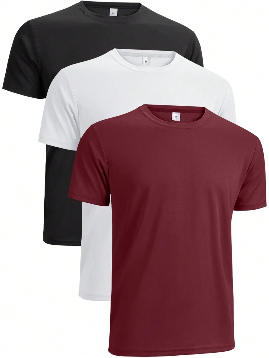 3pcs/Set Men's Moisture Wicking & Quick Dry Sports & Leisure & Fitness Solid Color Round Neck T-Shirts, Running Gym Clothes Men - Multicolor - View 1