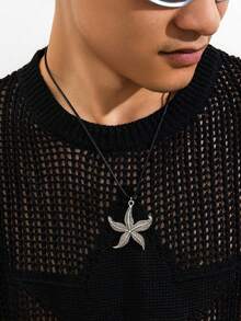 1pc Personalized Asymmetrical Starfish Pendant Necklace, Beach Ocean Style, Adjustable Pu Leather Cord, Suitable For Men'S Daily Wear - Multicolor - View 3