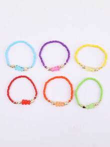 6pcs/Set Cute Cartoon Wind Random Color Beaded Bracelet With Transparent Bear Shaped Charm, Suitable For Girls' Daily Wear - Multicolor - View 3