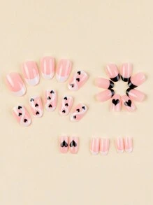 24入組黑條紋和心形圖案中長度橢圓形美甲貼片,包括1個美甲文件和1瓶果凍膠水,適合情人節和日常美甲裝飾 - 彩色 - 查看 3