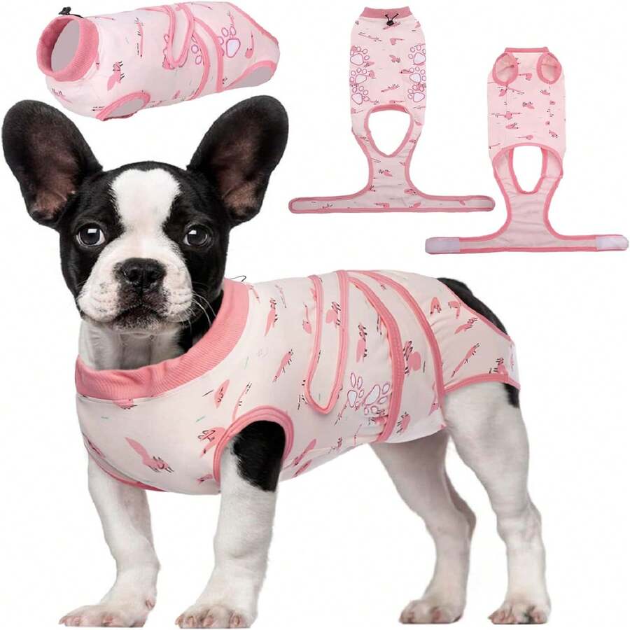 1件狗手術後恢復套裝,貓連身衣,男/女狗褲,防護項圈替代品,腹部傷口防舔套裝 - 粉色 - 查看 1