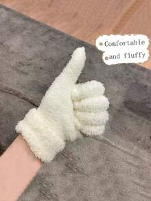 1pc Coral Fleece Knit Warm Windproof Student Gloves With Cute Smiling Face Pattern, White - White - View 3