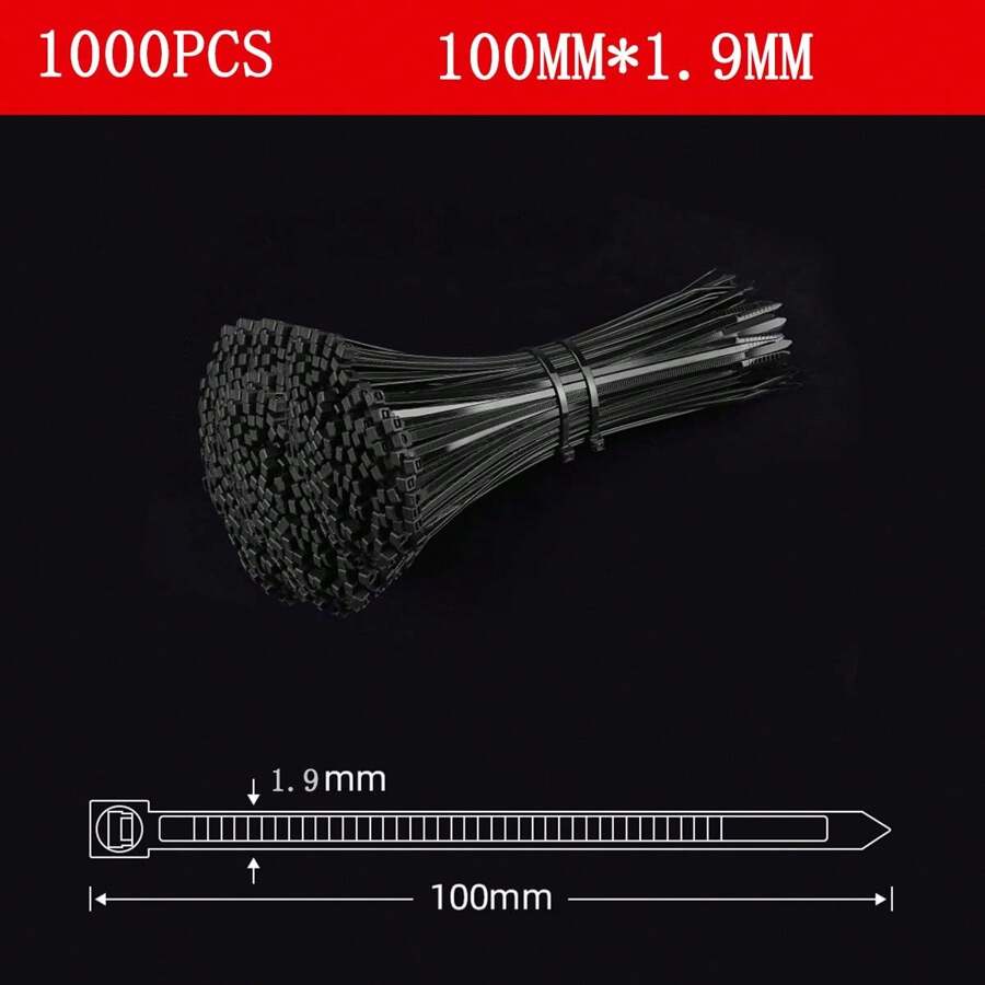 1000入組100*1.9mm自鎖尼龍束線帶,耐低溫,適用於組織各種電線 - 黑色 - 查看 1