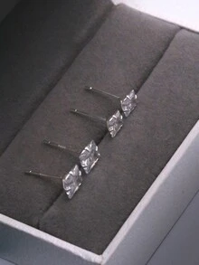 1pair High Sense Of Design Square Cubic Zirconia Stud Earrings In S999 Sterling Silver, Ideal For Daily Wear - A Pair - View 2