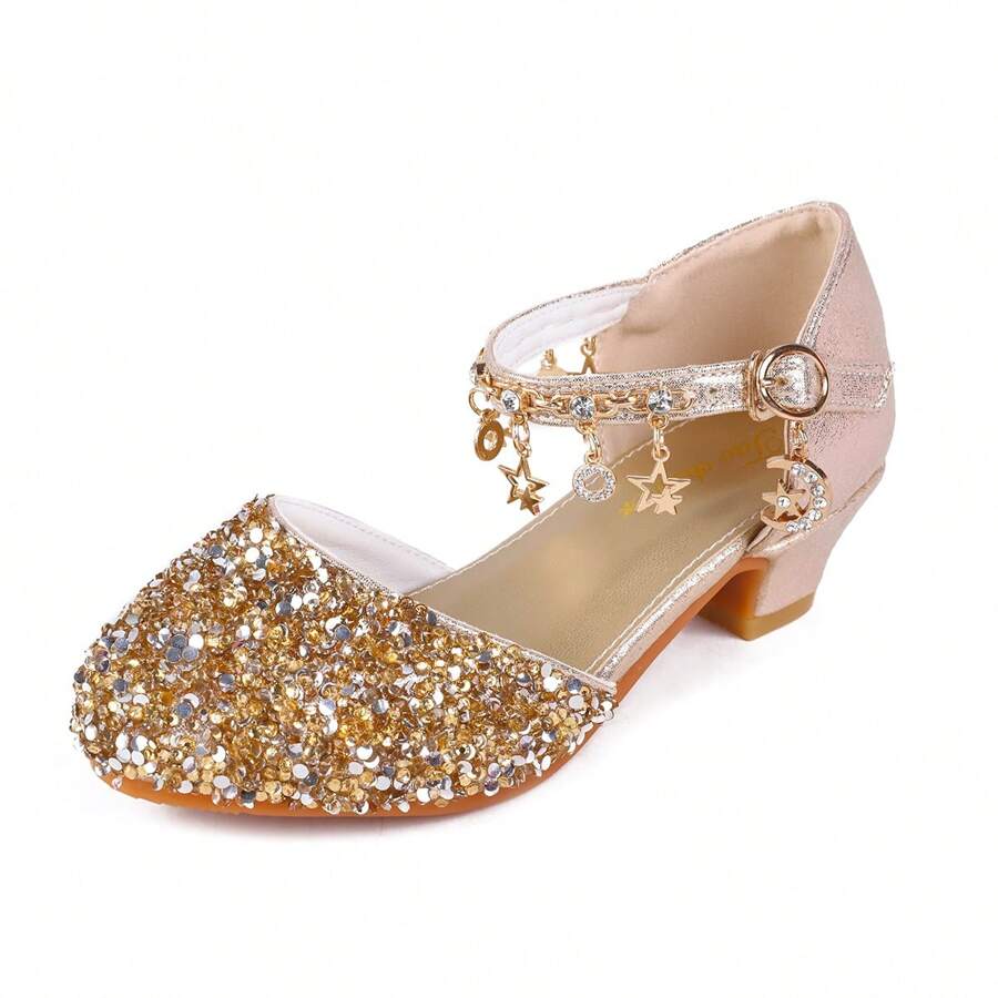 Girls Princess Shoes Sequins Sweet Bows High Heels Wedding Party Dress Shoes Dance Bright Diamond Cosplay Christmas Festival Shoes Pink Blue Purple Gold Silver - 金色 - 查看 1