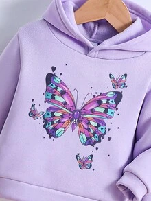 少女蝴蝶印花連帽毛衣和運動裤，保暖防寒 - 紫色 - 查看 3