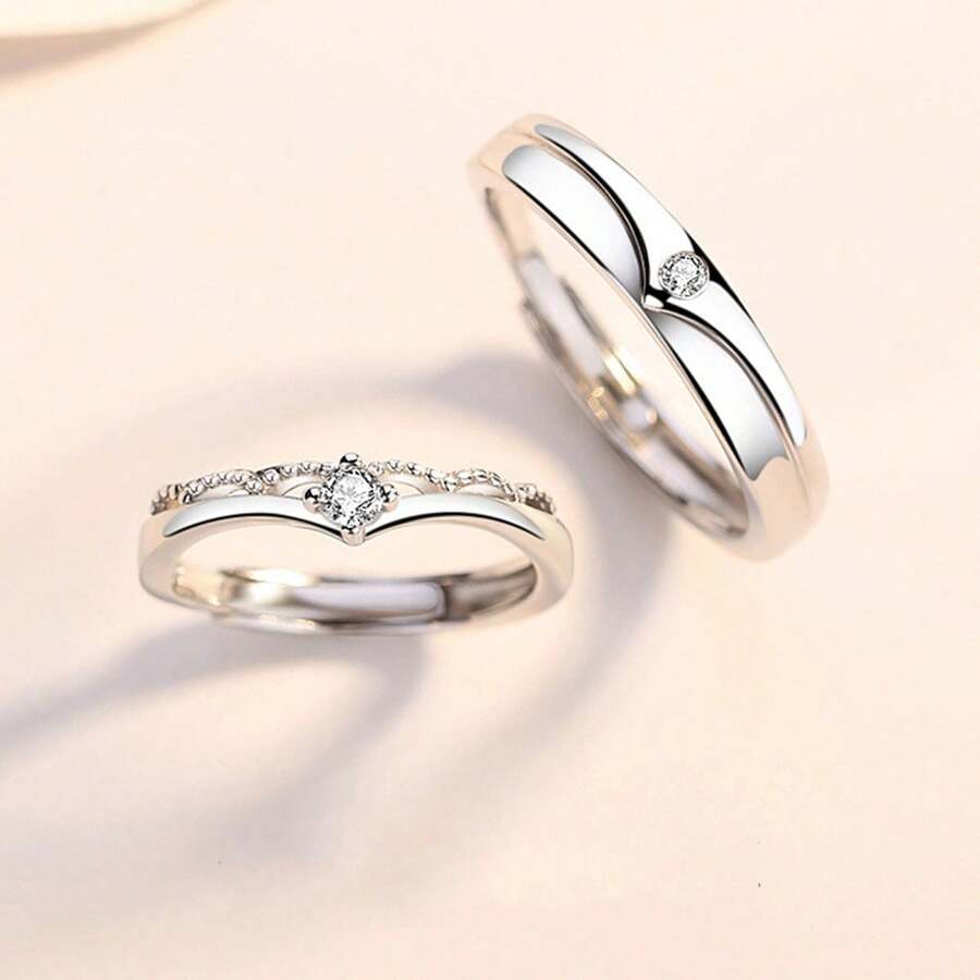1pair 925 Sterling Silver Prince And Princess Couple Rings, Valentine's Day Love Confession Jewelry - Silver - View 1