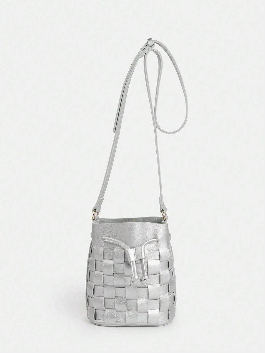 New Soft Pu Leather Woven Mini Drawstring Bucket Bag Crossbody Bag Y2k Millennium Girl Style Women's Bag - Silver - View 1
