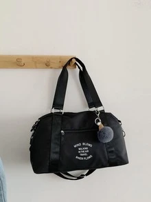 簡約黑色旅行包,商務旅行包,健身運動行李袋,大容量健身袋,帶毛絨球的旅行袋 - 黑色 - 查看 1