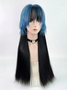 藍色黑色長直桶狀頭合成假髮,帶劉海蓬鬆女士蘿莉塔cosplay髮型,適合日常派對 - 藍色 - 查看 3
