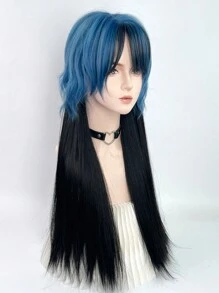 藍色黑色長直桶狀頭合成假髮,帶劉海蓬鬆女士蘿莉塔cosplay髮型,適合日常派對 - 藍色 - 查看 4