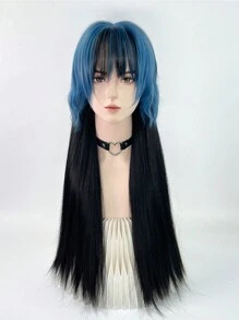 藍色黑色長直桶狀頭合成假髮,帶劉海蓬鬆女士蘿莉塔cosplay髮型,適合日常派對 - 藍色 - 查看 2