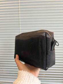 1pc/Small Set Fashionable Mesh Cosmetic Bag, Blue Breathable Storage Bag, Coin Purse, Wash Bag - Black - View 7