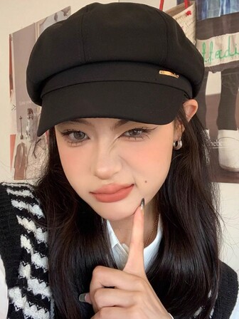 1件装女士黑色贝雷帽，新款秋冬字母八角帽，复古百搭艺术家画家报童帽