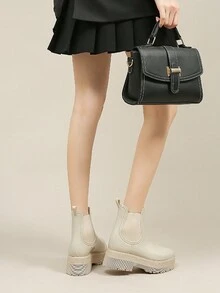 時尚女士雨鞋,軟pvc鞋面,加厚、保溫、防滑、四季適用、時尚外層設計、切爾西風格靴子、英式厚底、厚實高跟、中筒成人靴子、橡膠、抗水 - 米色 - 查看 3