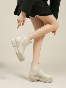 時尚女士雨鞋,軟pvc鞋面,加厚、保溫、防滑、四季適用、時尚外層設計、切爾西風格靴子、英式厚底、厚實高跟、中筒成人靴子、橡膠、抗水 - 米色 - 查看 1