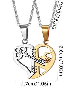 2入組時尚情侶鑰匙吊墜鎖鍊,獨特設計的心形情人節禮物珠寶 - 彩色 - 查看 2