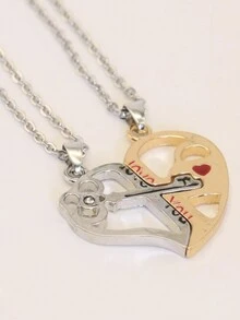 2入組時尚情侶鑰匙吊墜鎖鍊,獨特設計的心形情人節禮物珠寶 - 彩色 - 查看 3