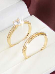 2pcs/Set Fashionable Minimalist Copper Inlaid Couples Rings - Multicolor - View 3