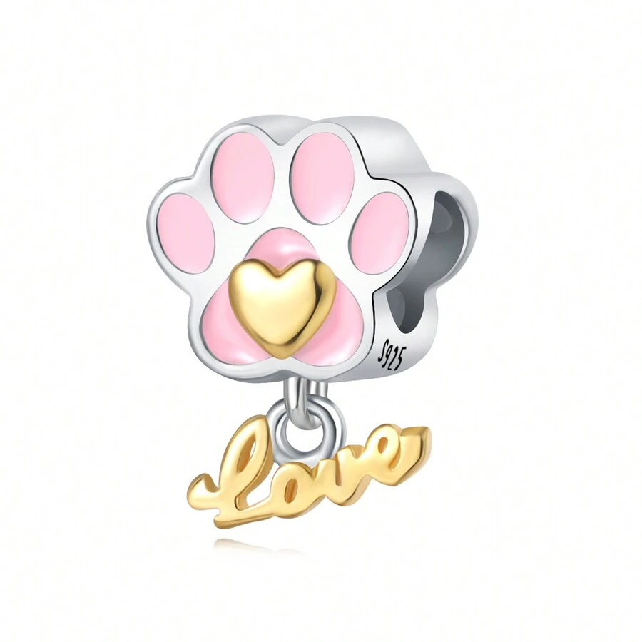 1 件镀银心形和字母“爱”和狗爪形串珠饰物，可制作成 DIY 手链和项链，是送给姐妹的绝妙礼物 - 杏色 - 查看 1