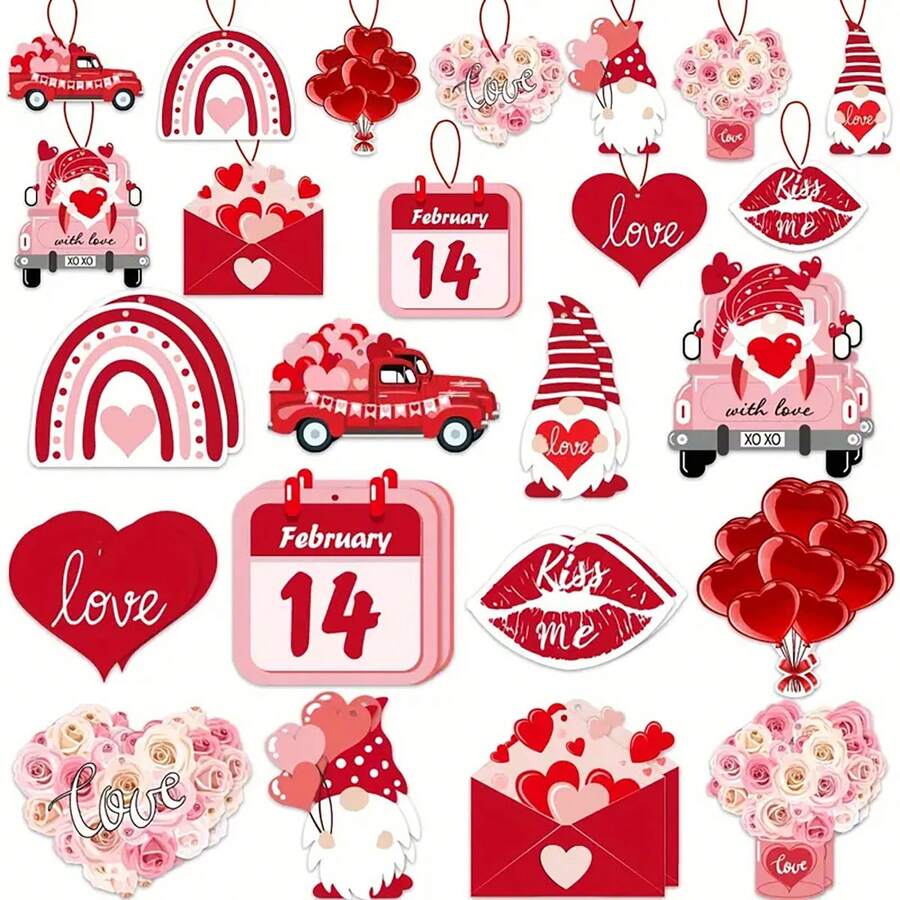 24pcs Valentine'S Day Tree Decoration With Strings, Happy Valentine'S Day Decor, Valentine'S Day Party Decoration For Lovers - Pink - View 1