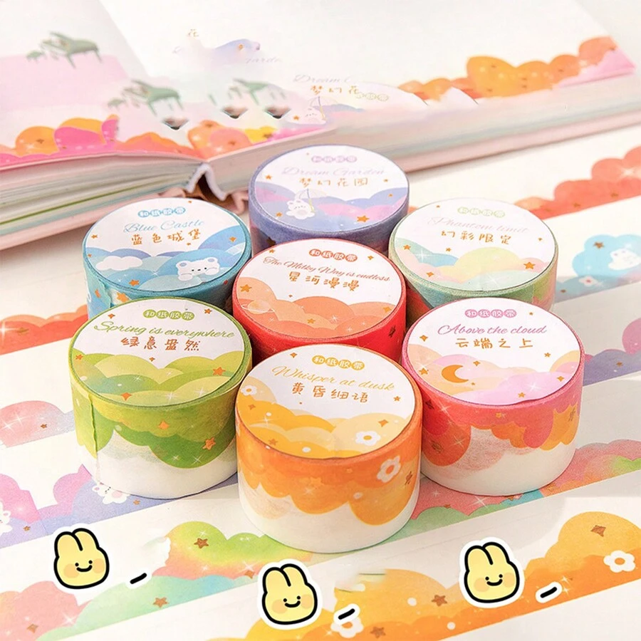 1入組雲紋漸變色和紙膠帶,適用於日誌打卡,可愛的雲朵設計黏著紙 - 彩色 - 查看 1