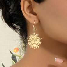 1pair Minimalist Delicate Lightweight Metallic Sunflower Dangle Earrings For Women, Versatile Accessories - Yellow Gold - View 1
