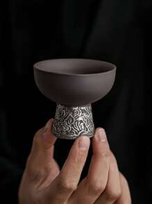 1 件圓口高腳茶杯,日本 Kujaku Shouyun 圖案粗陶杯,復古手工鍍銀茶杯適合客廳、茶店和家居生活 - 古銅色 - 查看 1