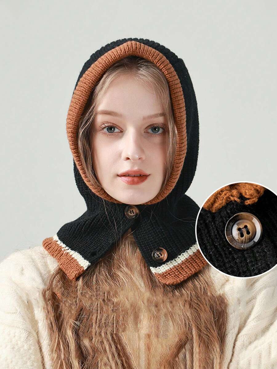 1pc Ladies' New Style Plaid Scarf & Beret Hat Combo Knitted Warmth Headgear For Autumn Winter Daily Wear - Black - View 1