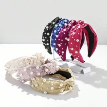 1pc Corduroy Solid Color Macaron & Y2k Style Pearl Headband - Hot Pink - View 2